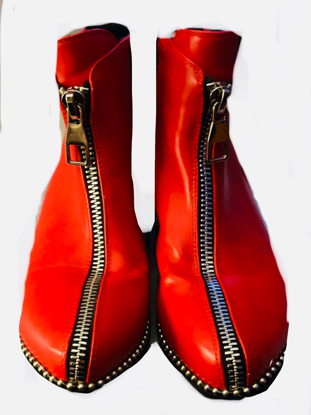 Bold Red Front-Zip Ankle Booties with Decorative Stud Trim